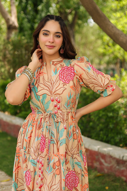 Women Floral Printed Puff Sleeve Fit & Flare Dress